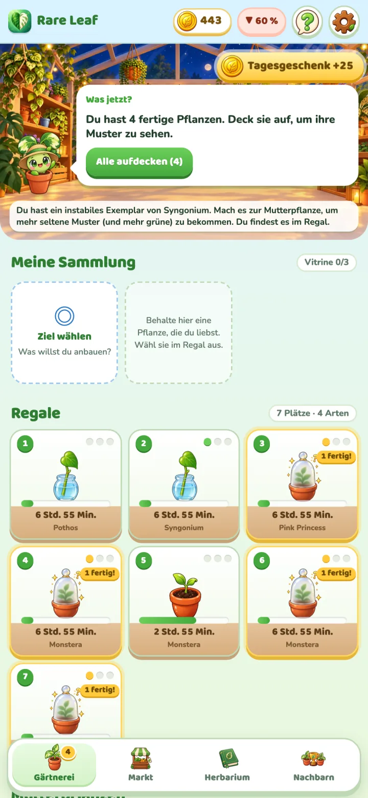 Rare Leaf Tycoon: Gewächshaus bei Nacht