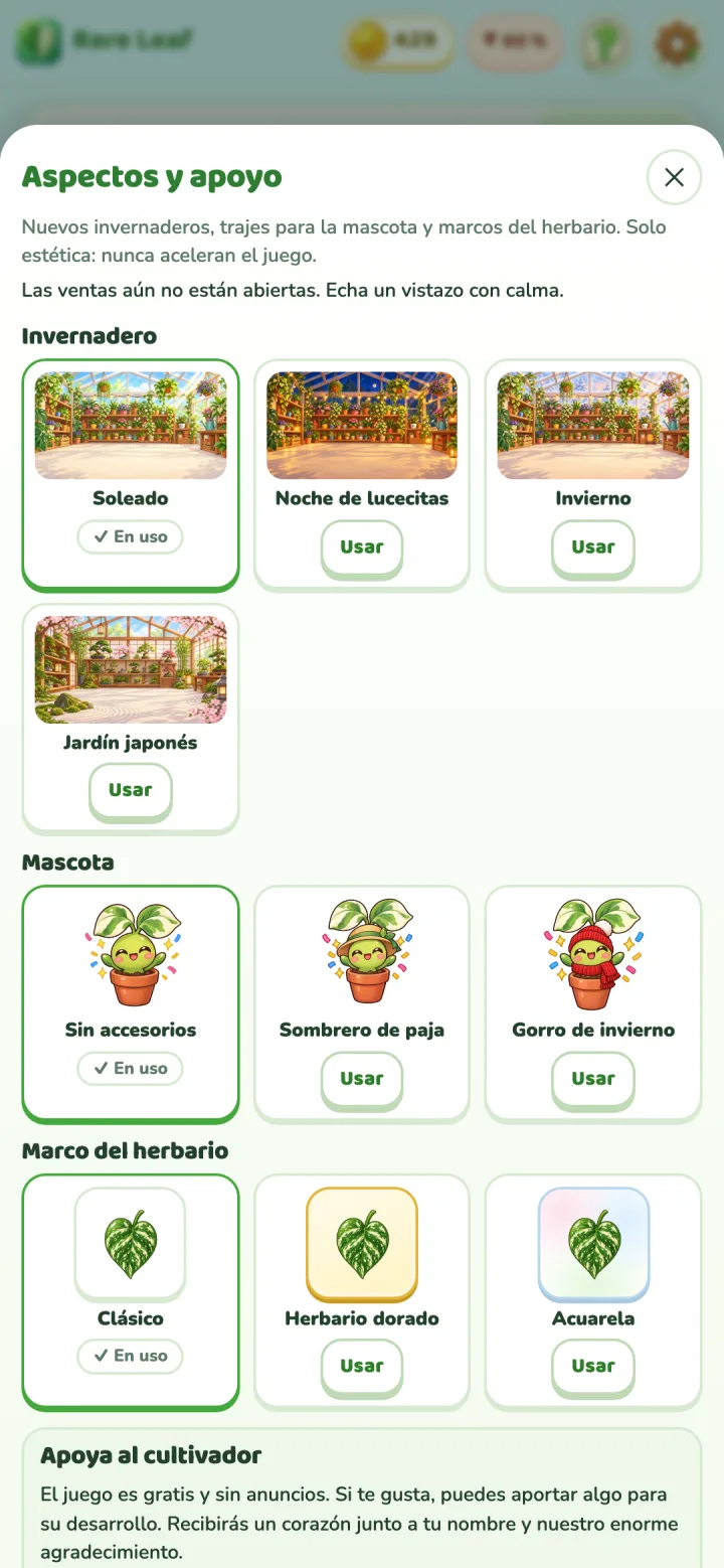 Rare Leaf Tycoon: Aspecto y apoyo