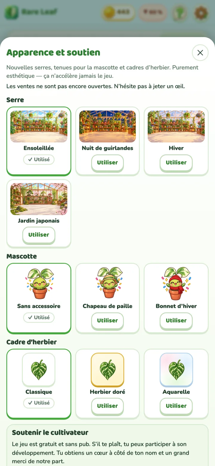 Rare Leaf Tycoon: Apparence et soutien